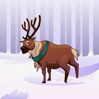 Reindeer in Snow Forest Cartoon Illustration with Brown and Green Necklaces vector