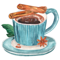 Watercolor blue cup of coffee with anise, cinnamon sticks and coffee beans png