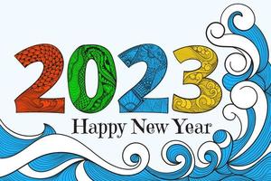 Illustration of happy new year 2023 with doodle ornaments vector