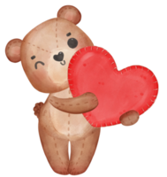 cute Valentine brown teddy bear doll hugs red heart watercolour hand drawing png