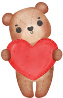 cute Valentine brown teddy bear doll hugs red heart watercolour hand drawing png