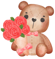 cute sweet Valentine brown teddy bear with roses bouquet watercolour hand drawing png