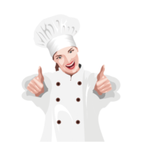 woman chef wearing a white coat and a kitchen hood on her head while smiling png