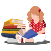 A cute little girl sitting on the floor read a book , next to her a bunch of colored books png