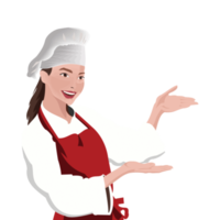 mujer chef con un abrigo blanco, un delantal rojo y una campana de cocina en la cabeza mientras sonríe
