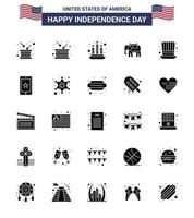 Big Pack of 25 USA Happy Independence Day USA Vector Solid Glyph and Editable Symbols of cell mobile elephent usa hat Editable USA Day Vector Design Elements