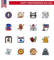 USA Happy Independence DayPictogram Set of 16 Simple Flat Filled Lines of hat american bridge day paper Editable USA Day Vector Design Elements