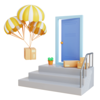 3d render the package arrives at the door delivered by parachute png