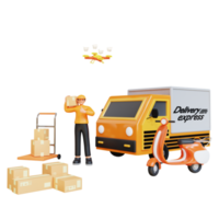 3d render orange courier standing with drone motorcycle truck package delivery vehicle png