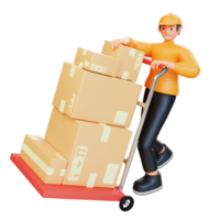 3d render orange courier carries the package with cart png