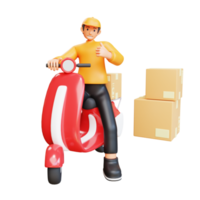 3d render orange courier ride motorbikes to deliver packages
