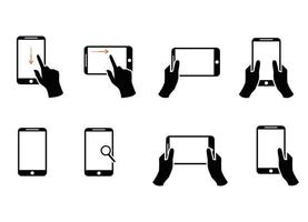 Collection of hands holding modern smartphone drawn with black contour lines. Bundle of outline drawings of palms and phones isolated on white background. Vector illustration in monochrome colors.