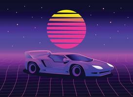 Fondo de estilo futurista de ciencia ficción retro de los años 80 con superdeportivo. Ilustración de onda de sintetizador futurista retro vectorial en el estilo de carteles de los años 80. ilustraciones retro nostálgicas de vaporwave cyberpunk con vibrantes colores de neón vector