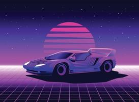 Retro 80s sci-fi futuristic style background with supercar. Vector retro futuristic synth wave illustration in 1980s posters style. Retro Nostalgic vaporwave cyberpunk artwork with vibrant neon colors