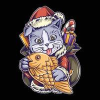 santa claus navidad gato trayendo peces de colores vector