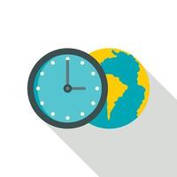 Globe and clock icon, flat style vector