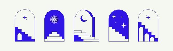 Boho arch with staircase. Minimal surreal doors with stairs. Bohemian arch with stair. Boho line arch, staircase, mystic frames. vector