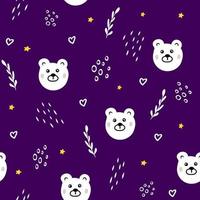 Cute seamless pattern with white bear and simple abstract elements on dark background,kids print with teddy for fabric,textile,bedding,illustration for wallpaper,baby shower,nursery design vector