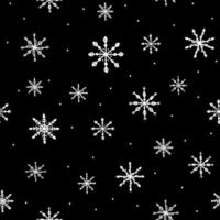 navidad y año nuevo sin costuras con nieve y copos de nieve dibujados a mano sobre fondo negro, ilustración navideña para papel de envolver, diseño de empaque e impresión en tela, papel tapiz de vacaciones vector