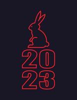 The symbol of the year 2023 is a rabbit. Isolated vector illustration. Red line on purple background.