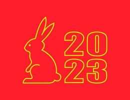 The symbol of the year 2023 is a rabbit. Isolated vector illustration. Yellow line on red background.