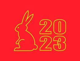 The symbol of the year 2023 is a rabbit. Isolated vector illustration. Yellow line on red background.