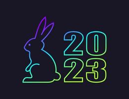 Horizontal  minimalistic modern poster. New Year 2023. Bright neon colors on a dark background. Bright colorful gradient line. Vector illustration.