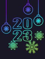 Vertical minimalistic modern poster. New Year 2023. Bright neon colors on a dark background. Bright colorful gradient line. Vector illustration.