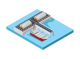 Modern Isometric Smart Global Sea Port Logistic System Technology Illustration in White Isolated Background With People and Digital Related Asset vector