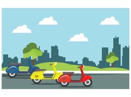 illustration of a walk on a Vespa in the park with family, roadside on a sunny day. Suitable for Diagrams, Infographics, And Other Graphic assets vector