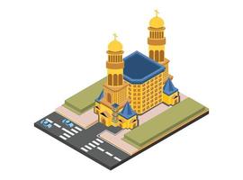 Edificio de la iglesia católica cristiana isométrica 3d. ilustración vectorial concepto de arquitectura. modelo aislado en estilo de dibujos animados planos. se puede utilizar para tarjetas de boda, juegos, diseño web. vector