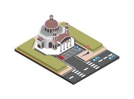 Edificio de la iglesia católica cristiana isométrica 3d. ilustración vectorial concepto de arquitectura. modelo aislado en estilo de dibujos animados planos. se puede utilizar para tarjetas de boda, juegos, diseño web. vector