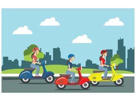 illustration of a walk on a Vespa in the park with family, roadside on a sunny day. Suitable for Diagrams, Infographics, And Other Graphic assets vector