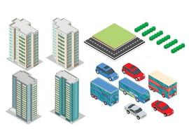 Modern Industrial set of 3D isometric projections of dimensional houses, buildings, cranes, cars and many design elements vector