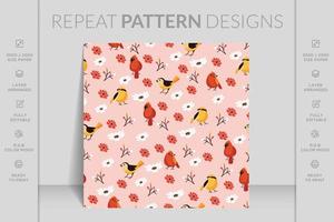 Seamless pattern with colorful bird, leaf and beautiful flower vector