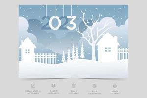 Hand drawn flat illustration winter landscape design. Merry Christmas and happy new year template.