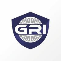 Simple and unique globe like letter or word GRI font with shield guide shape image graphic icon logo design abstract concept vector stock. Can be used as symbol related to group or protect