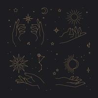 Astral stars linear icons. Mystic symbols, hands, planets, suns and moons. vector