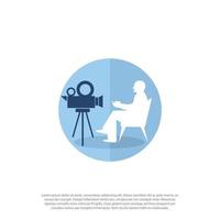 The video blogger records video from the camera. Microphone, camera, background, recording. Vector flat illustration. man talking in the chair and self broadcasting as vlogger