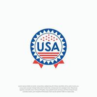 USA icon concept badge design with stars blue and red American flag emblem ribbon elements. Vector logo design.