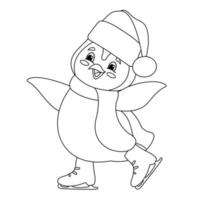 penguin in a hat and scarf skating, winter entertainment, cold, line, sketch vector