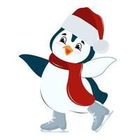 penguin in a hat and scarf skating, winter entertainment, cold vector