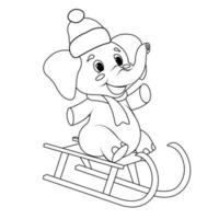 baby elephant in a New Year's hat and scarf sledding, winter entertainment, line, sketch vector