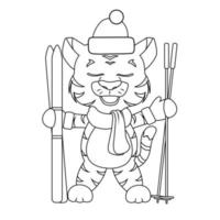 a tiger cub in a New Year's hat, scarf and mittens stands with skis and ski poles, line, sketch vector