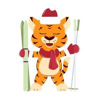 a tiger cub in a red New Year's hat, scarf and mittens stands with skis and ski poles vector