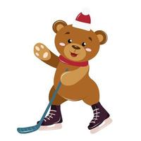 lindo cachorro de oso en un sombrero de año nuevo jugando al hockey, entretenimiento de invierno vector