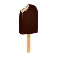paleta de chocolate mordida en un palo de madera. helado en glaseado de chocolate. alimentos dulces de productos congelados. cartel de comida 3d realista. ilustración vectorial vector