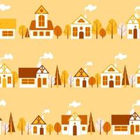 Horizontal streets with houses in flat style. Trees, smoke from chimneys. Cute bright autumn pattern. For nursery, wallpaper, printing on fabric, wrapping, background. vector