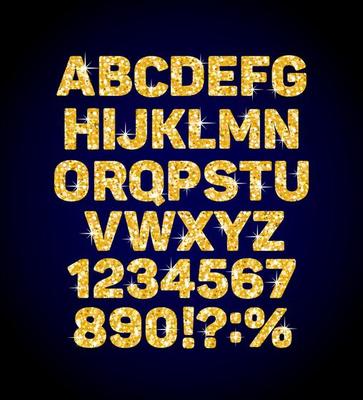 Alphabet, sparkling gold letters from glitter and sequins. On a dark background. For christmas, poster, birthday party, wrapping paper design, postcard