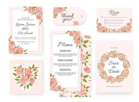 A set of classic templates for a wedding. Elegant pink roses. For invitation, rsvp, save the date, frames, vintage style cards, design elements vector